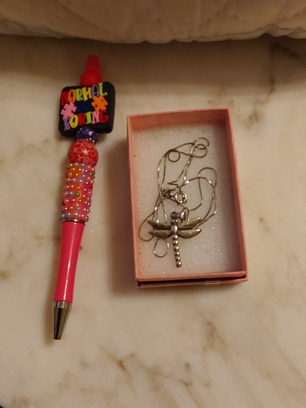 NIP Autism Awareness Pen With Vintage Sterling Silver Dragonfly Necklace